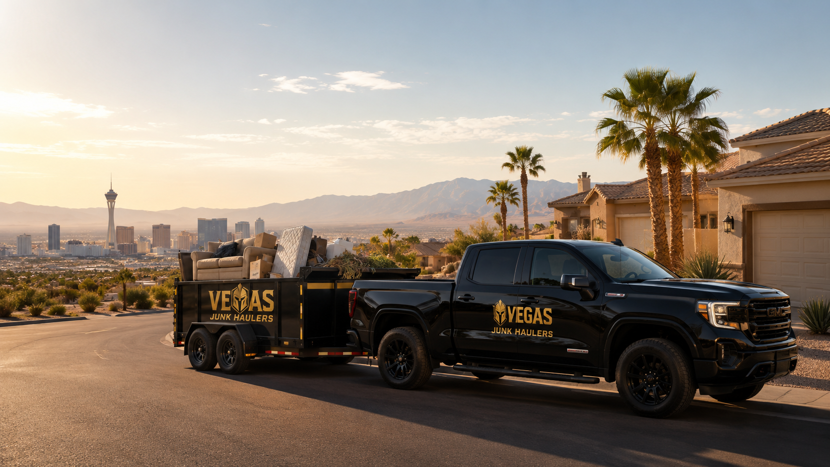Black junk hauling dump truck with gold accents loaded with furniture, boxes and a mattress